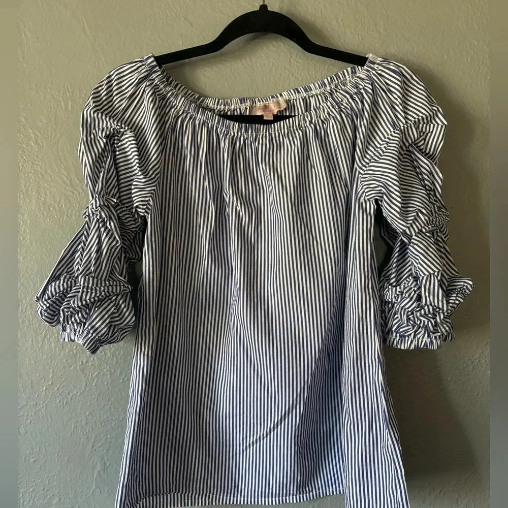Laurie Felt | striped | ruched | puff sleeve | cotton | top | off shoulder | xs